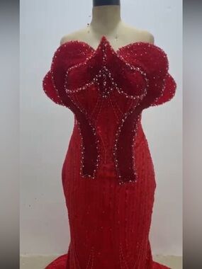 Red Off-Shoulder Beaded Evening Gown